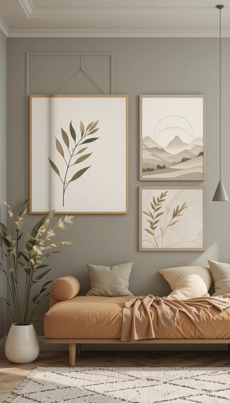 Minimalist boho triptych wall art with natural elements