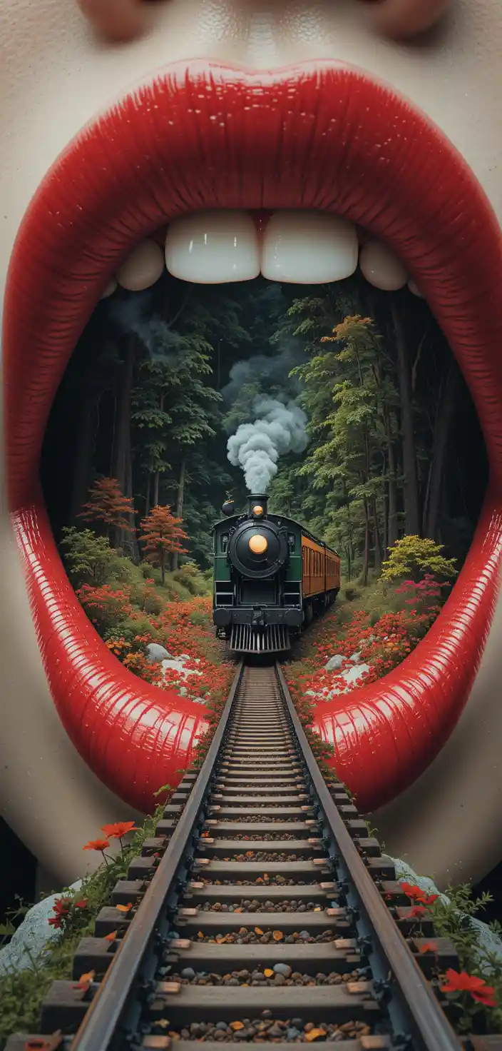 Surreal double exposure of tiny steam train and red lips