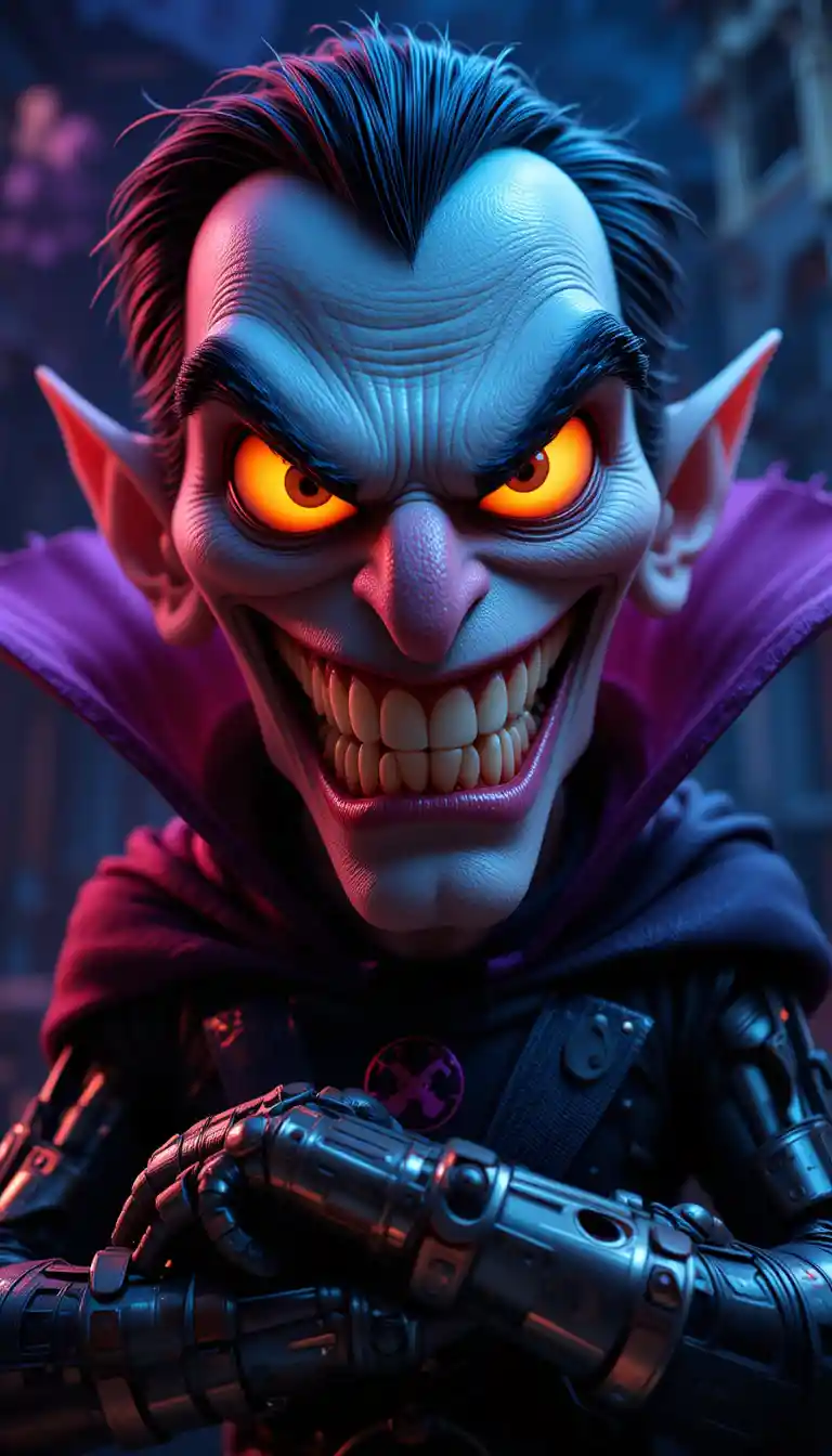 Menacing 3D cartoon villain with dramatic colorful style