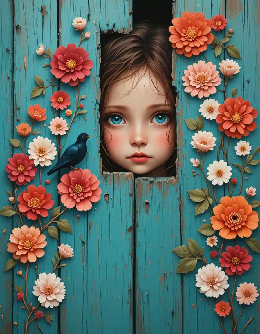 Melancholic girl peeking through turquoise wooden fence