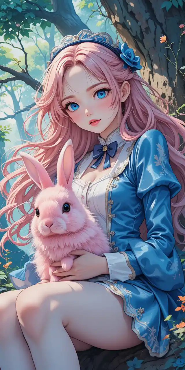 Anime girl with pink hair sitting in a fairy forest