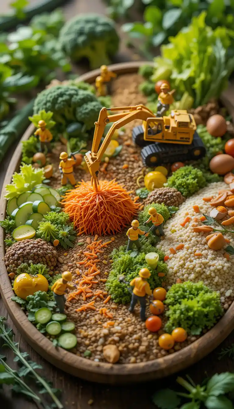 Miniature Construction Workers Building A Salad Landscape
