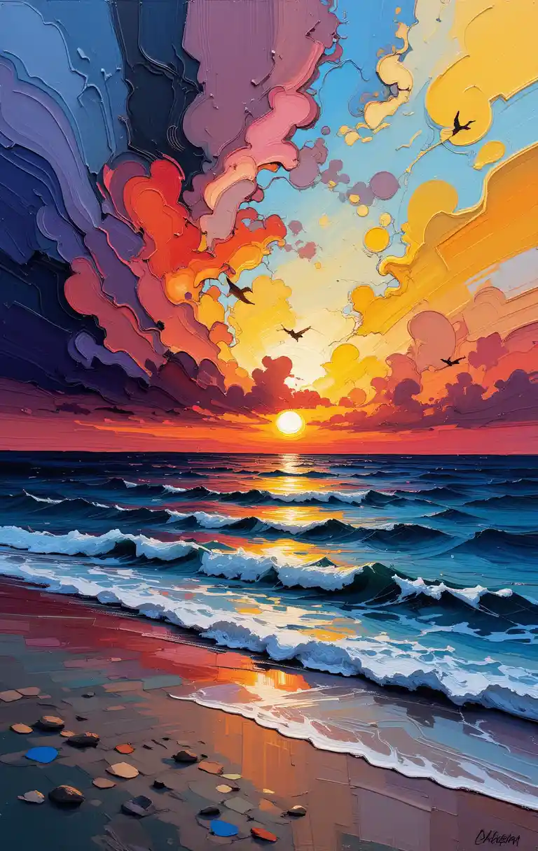 Peinture à l’huile abstraite d’un coucher de soleil marin vif
