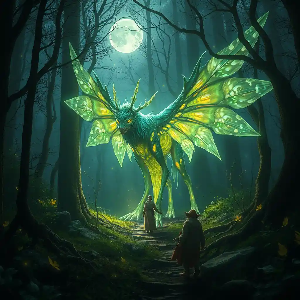 Glowing plant guardians drifting through an ancient forest