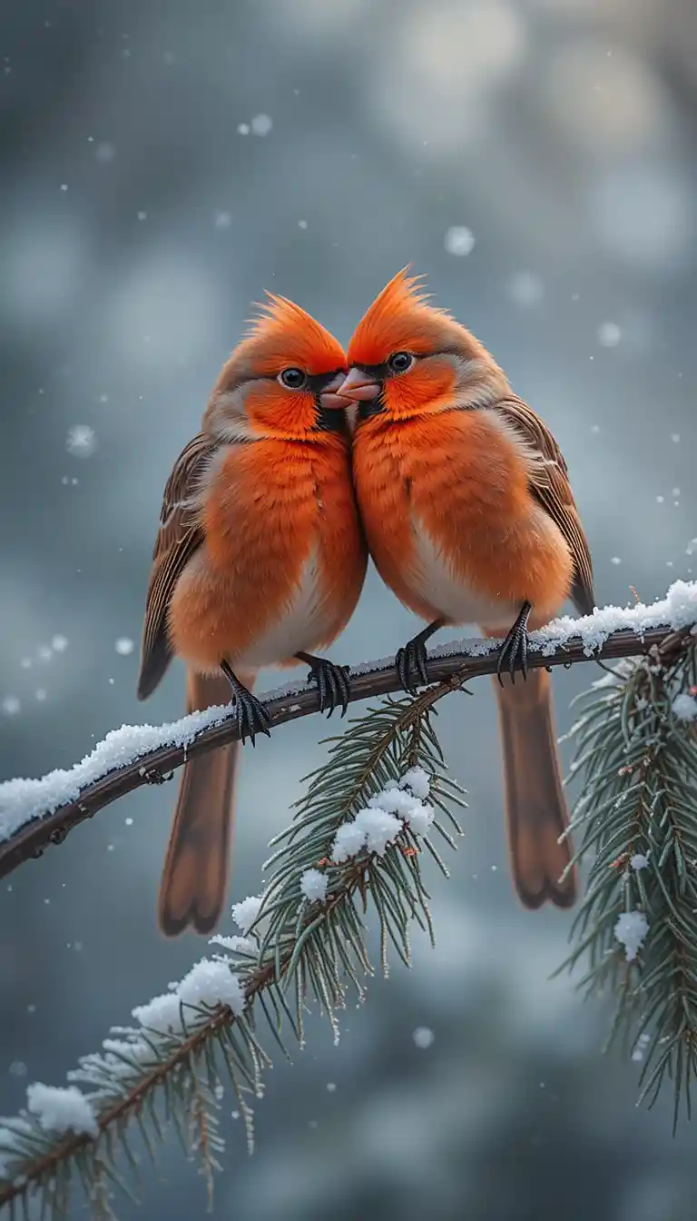 Two red birds cuddling on a frosty pine branch