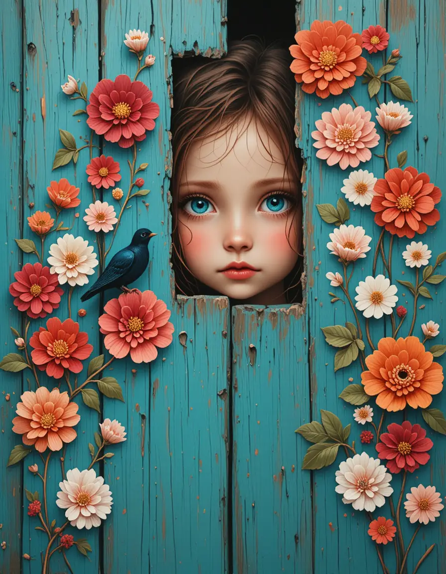 Melancholic girl peeking through turquoise wooden fence