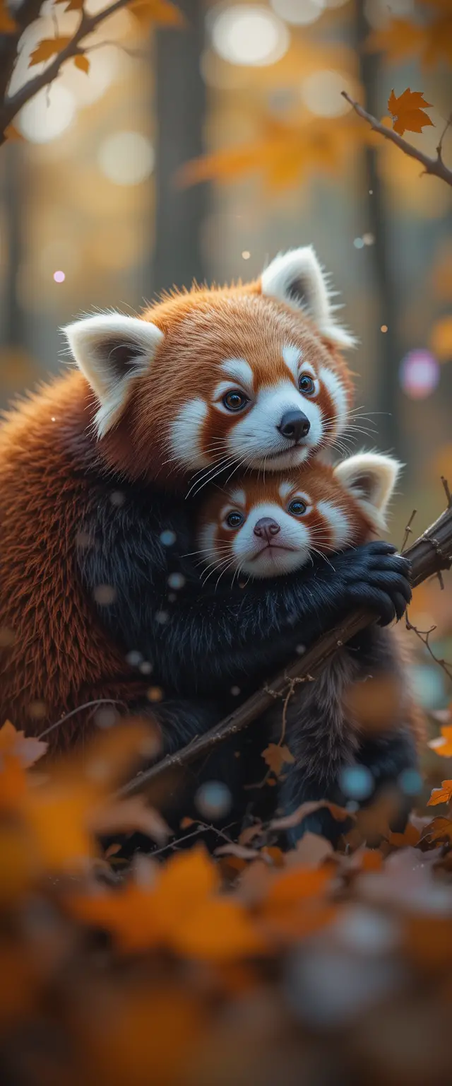 Red panda newborn cuddled in autumn forest scene