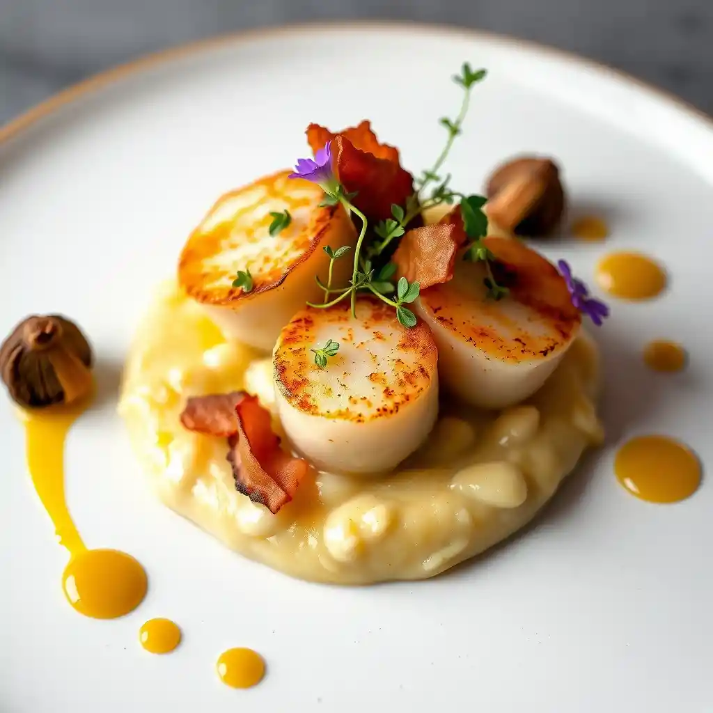 Gourmet scallops with cauliflower puree and truffle oil