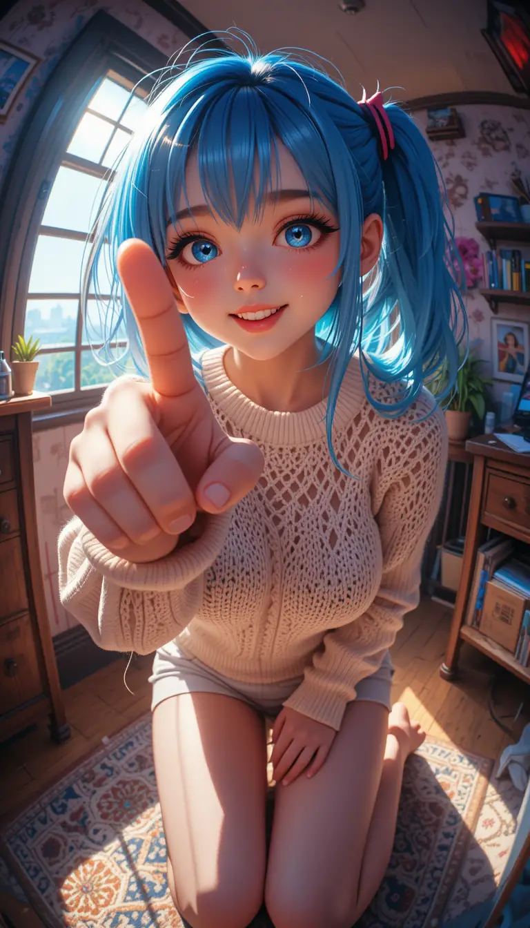 Shy anime girl pointing toward viewer in sunny room