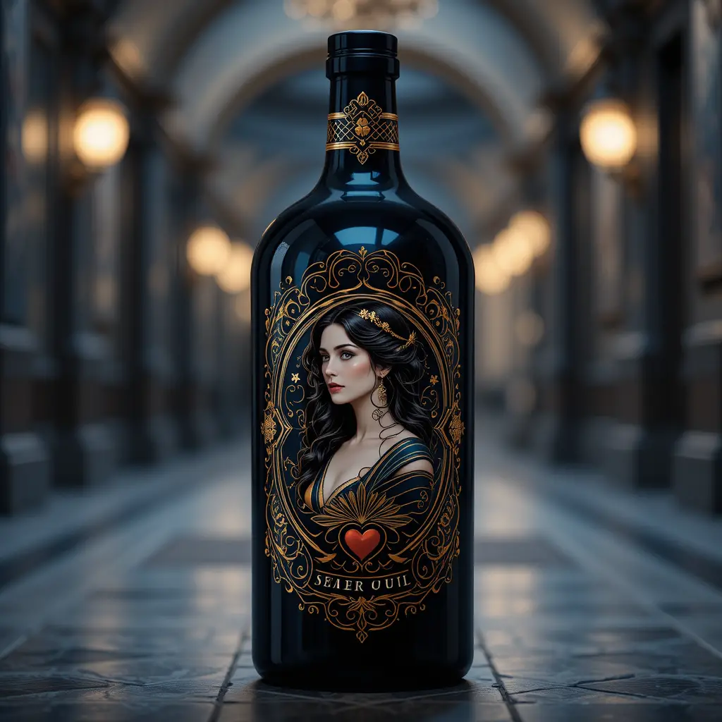 Dark glass bottle with ornate art nouveau style label