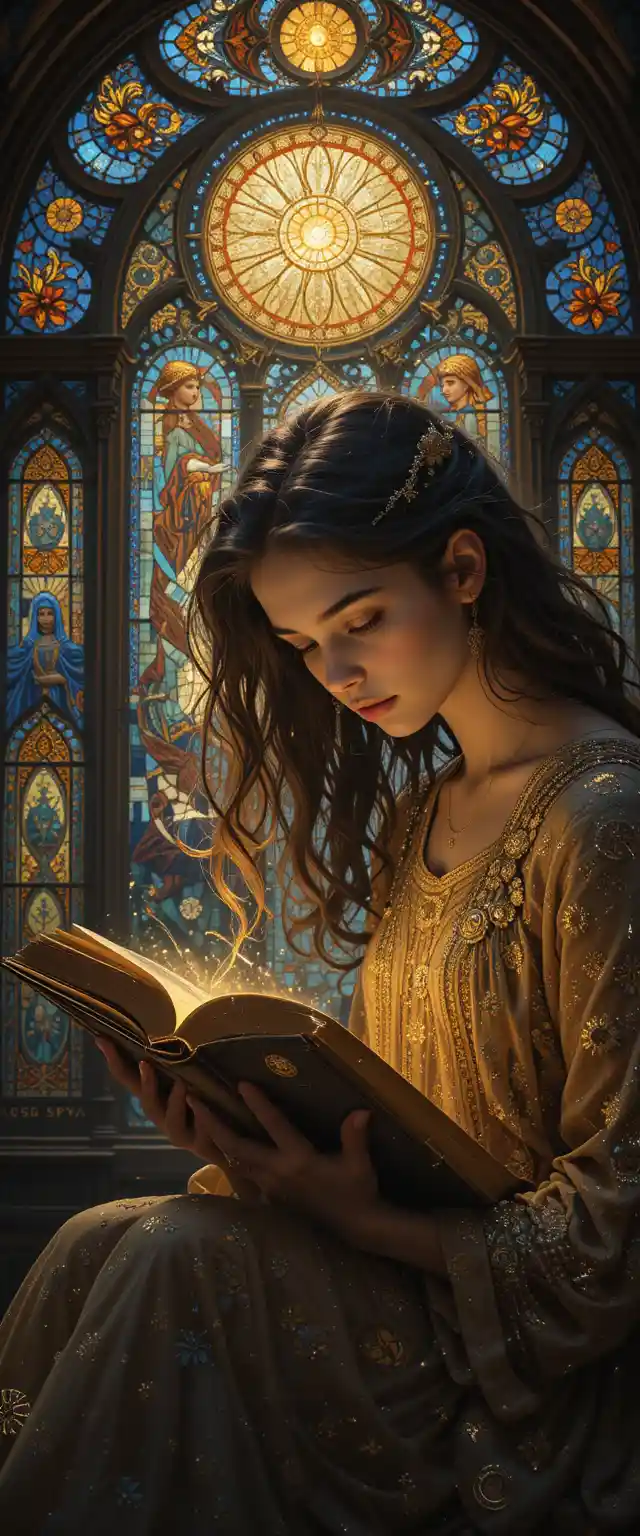 Woman reading a glowing book beneath stained glass