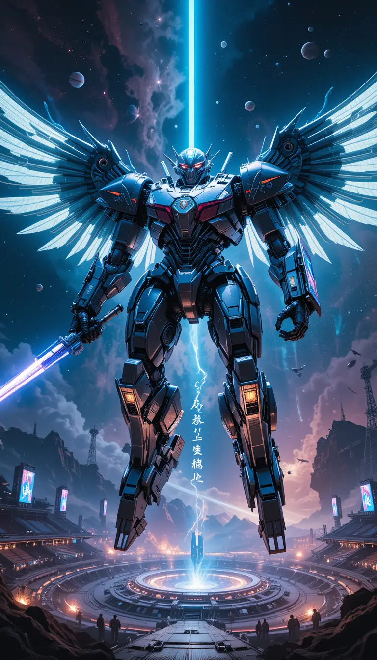 Armored Dominican mecha guardian floating in deep space