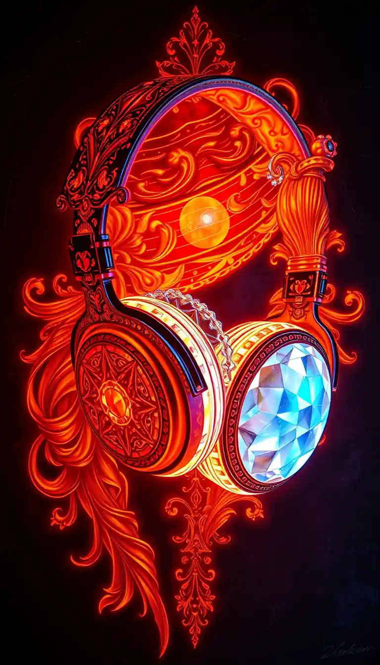 Crystal headphones in luminous blacklight bas relief painting