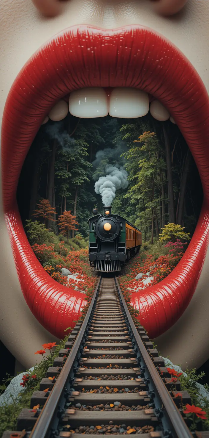 Surreal double exposure of tiny steam train and red lips