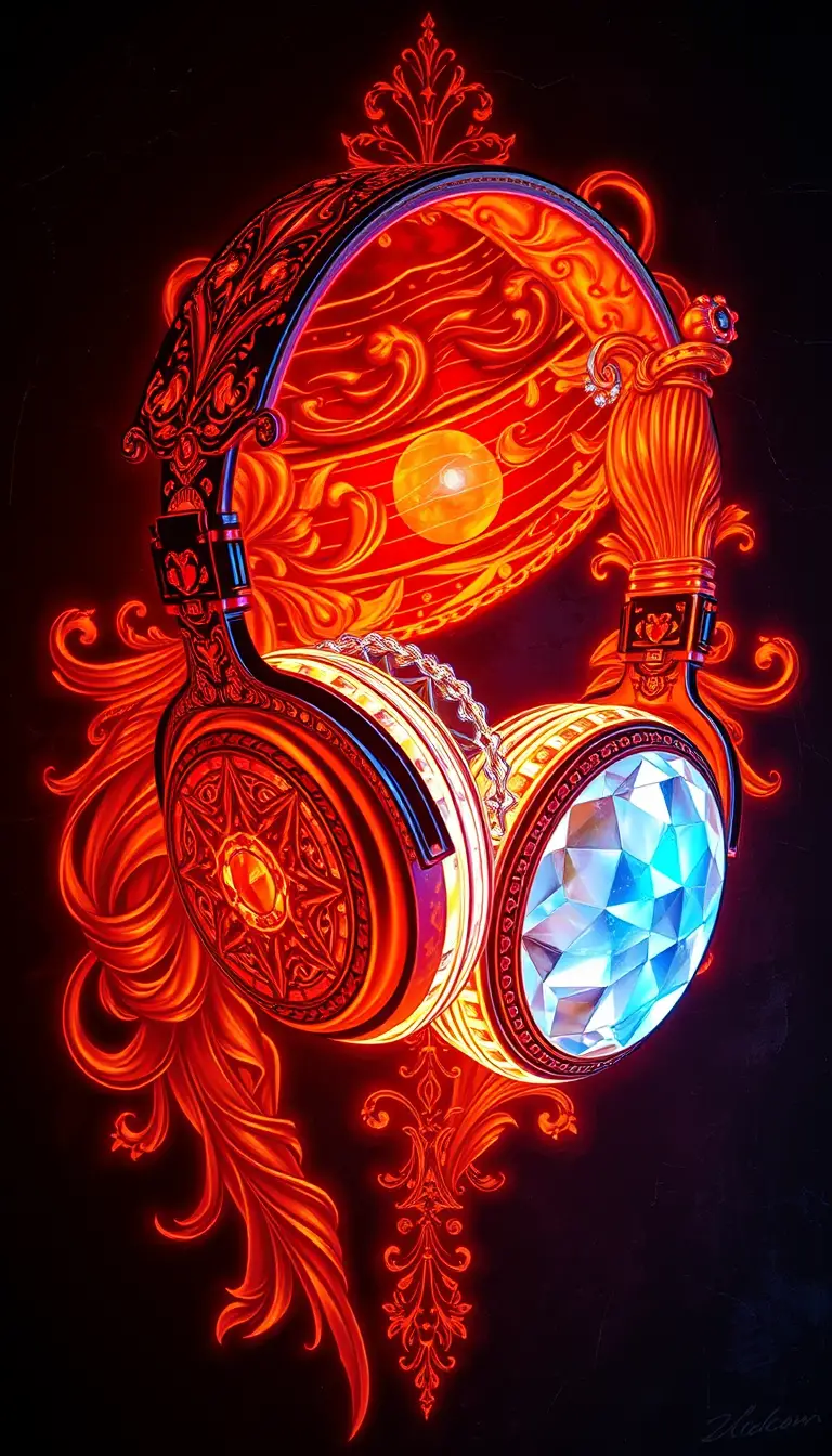 Crystal headphones in luminous blacklight bas relief painting