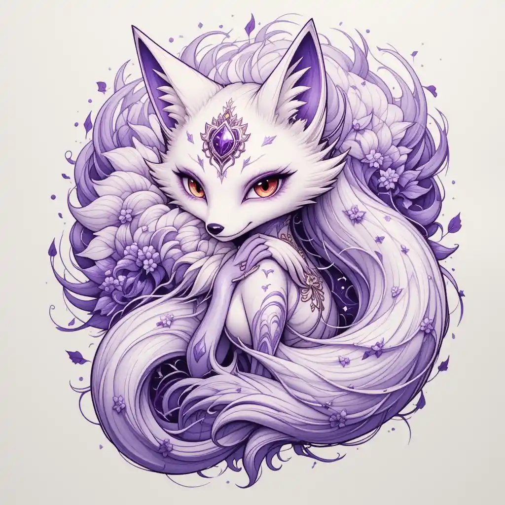 Mystische Kitsune-Tattoo-Illustration mit ornamentalen violetten Details