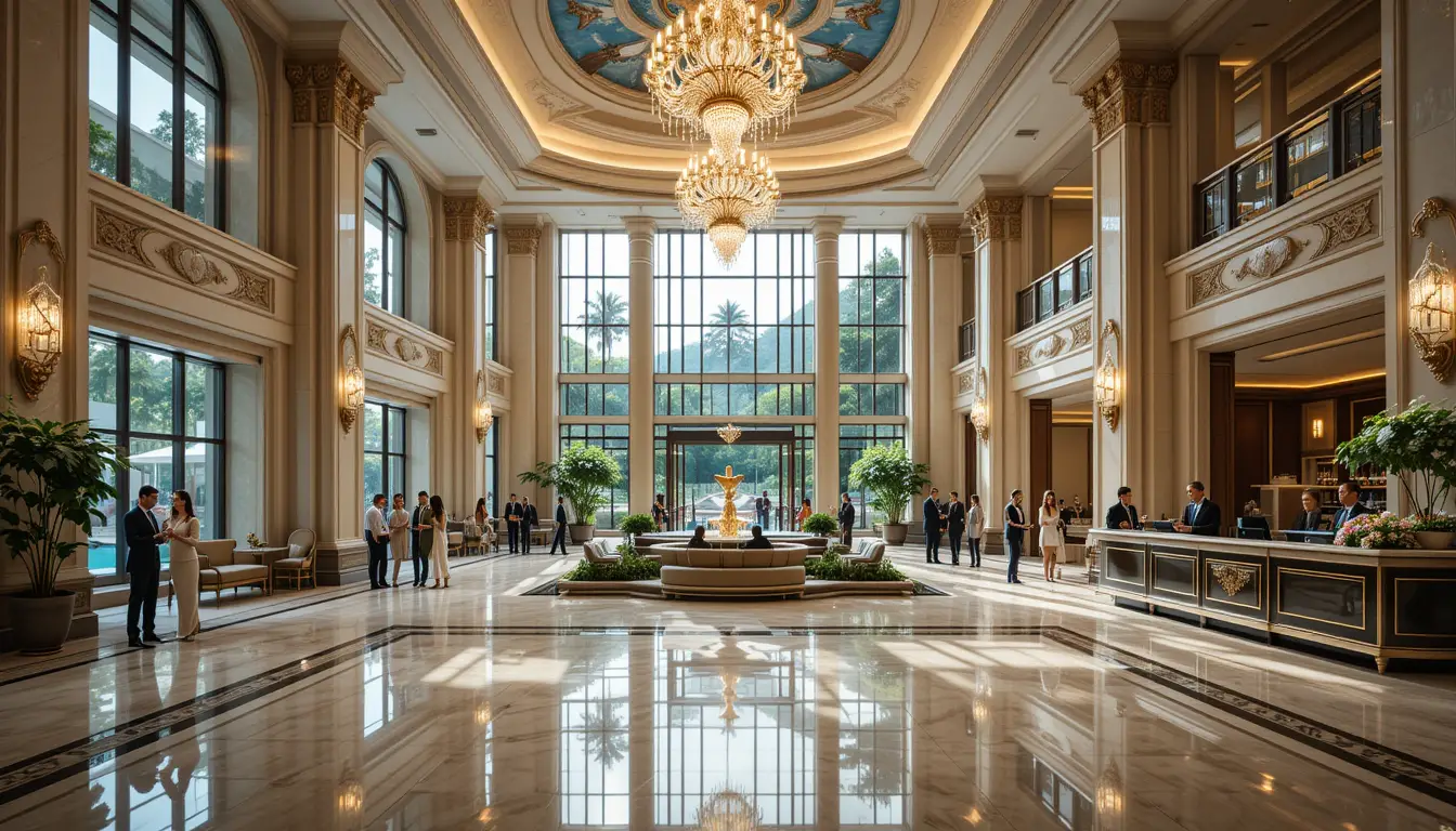 Luxurious seven star hotel lobby overlooking garden and pool