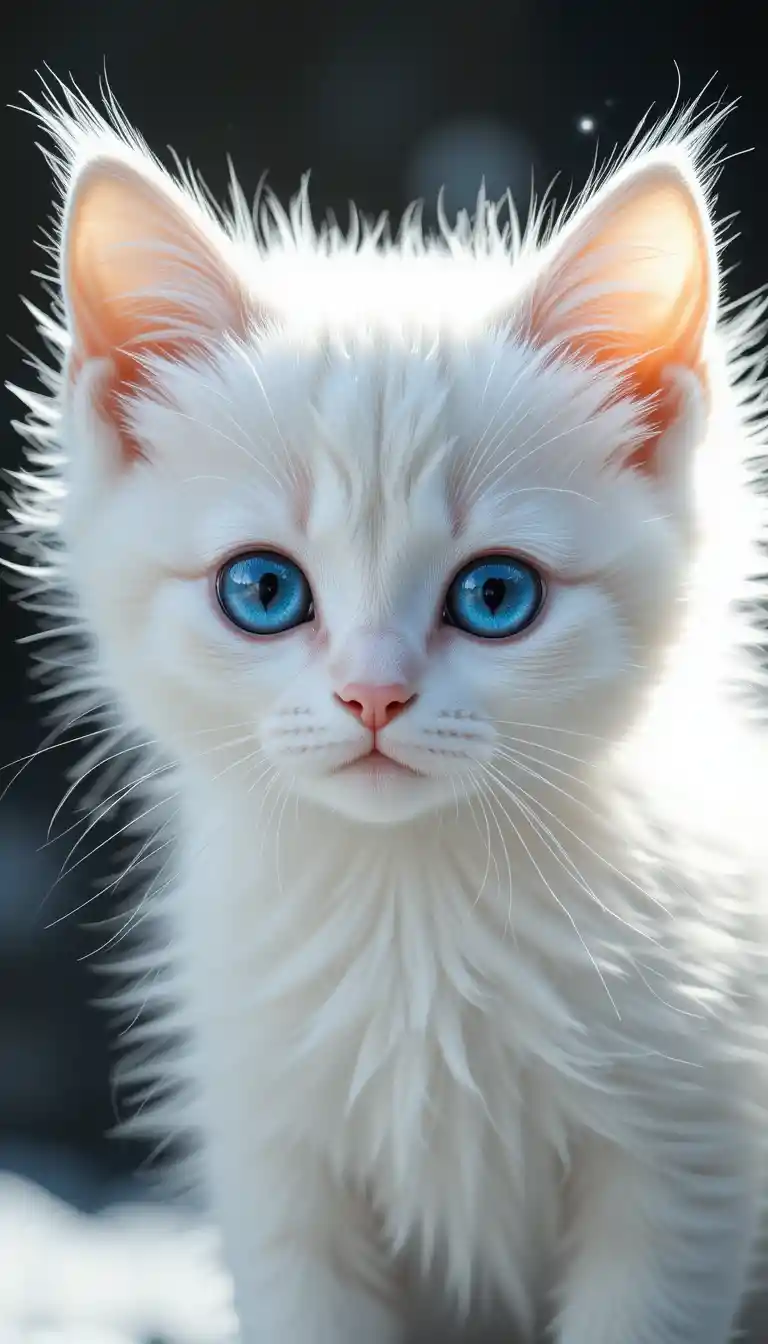 White blue eyed kitten portrait with soft blurred background