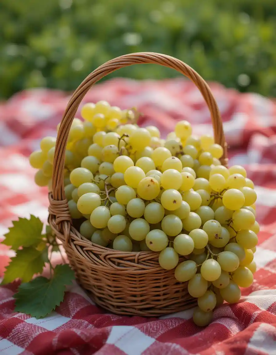 Basket Of Grapes On Picnic Blanket In Still Life Photo