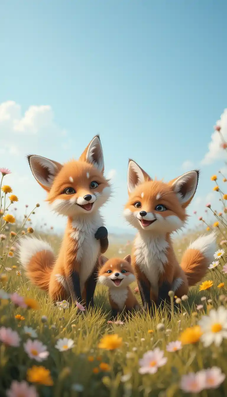 Playful baby fox family in a sunny wildflower meadow