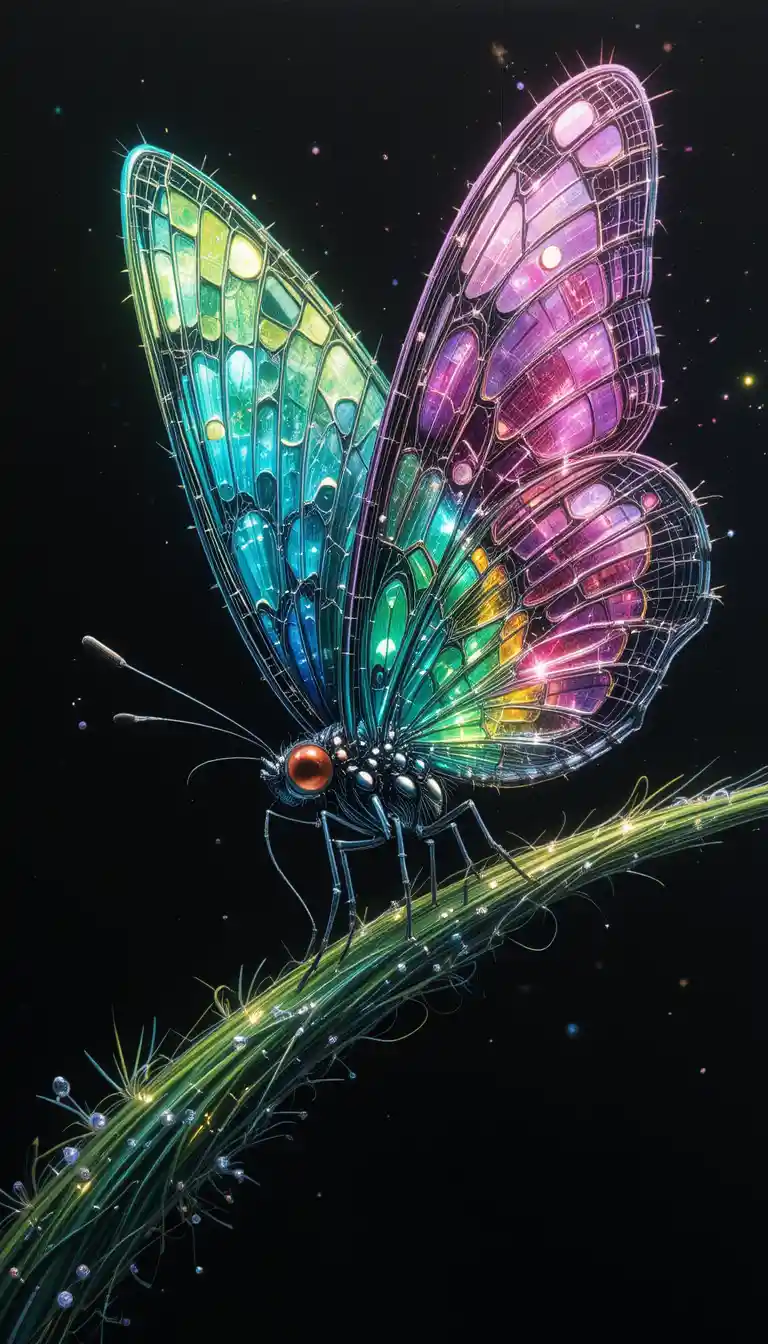 Iridescent butterfly sketch on grass in dramatic sunlight