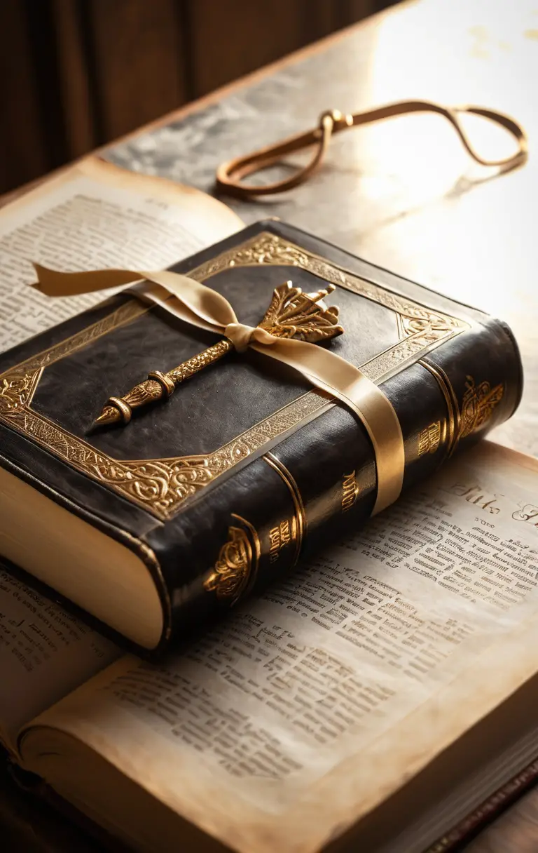 Closed leather bible on sunlit stone altar