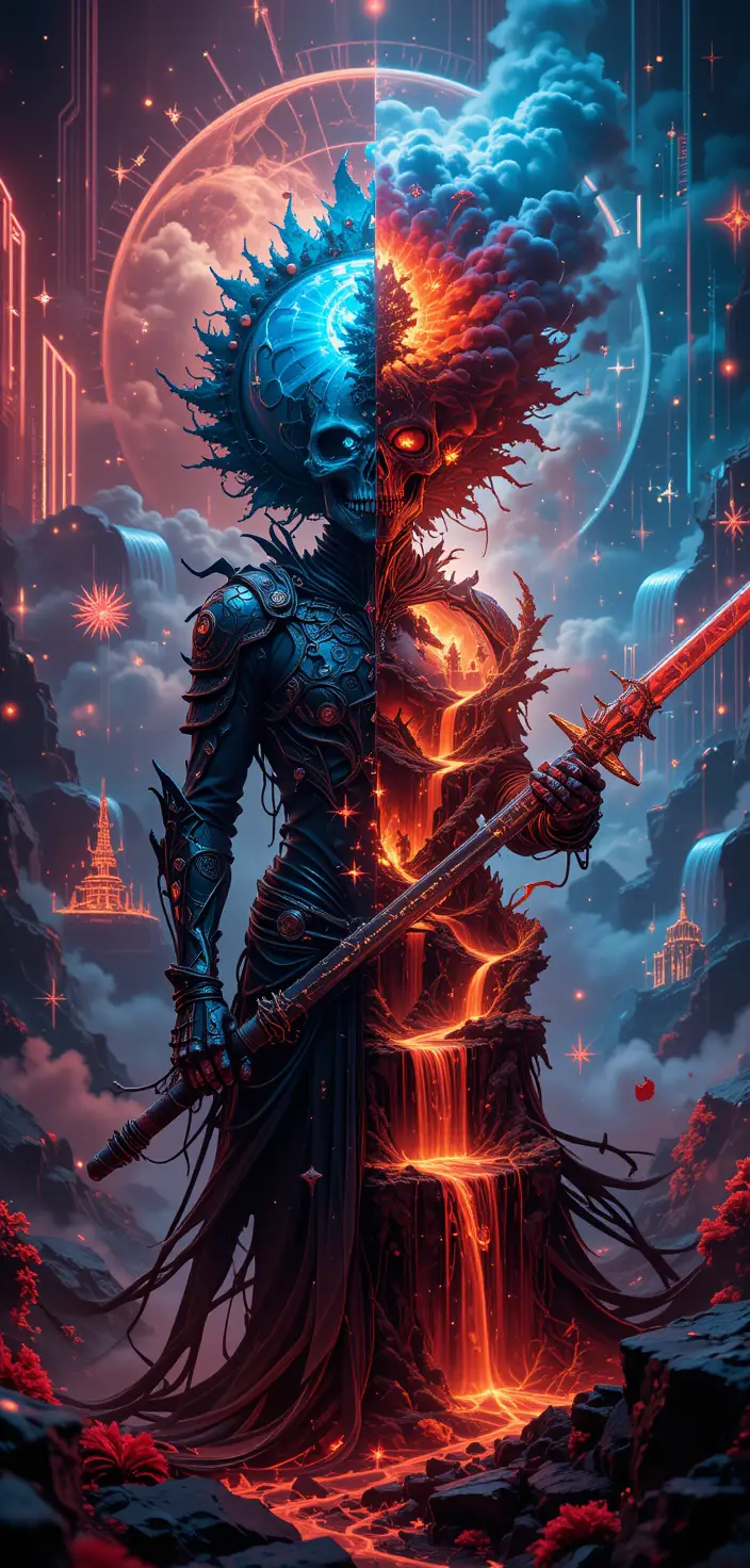 Surreal skeletal warrior in ornate armor with neon city backdrop
