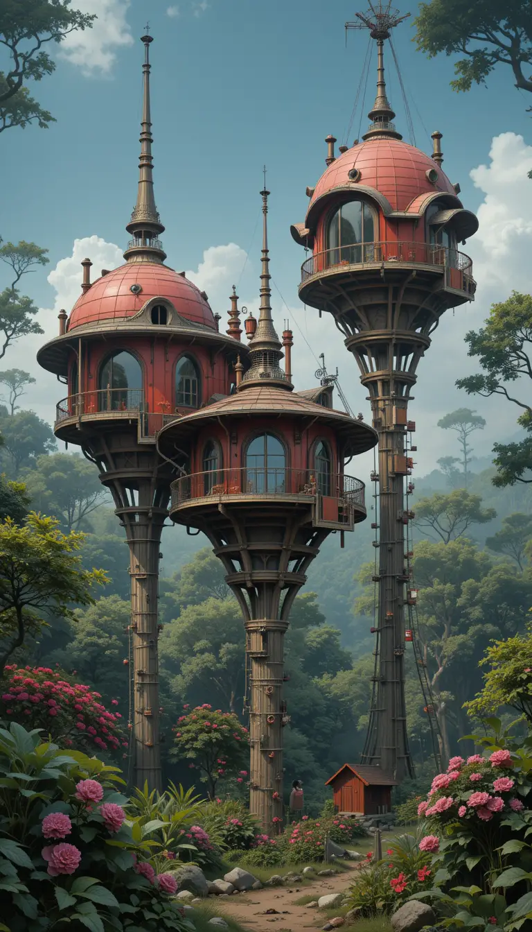 Steampunk Futuristic Houses Decaying In A Forest