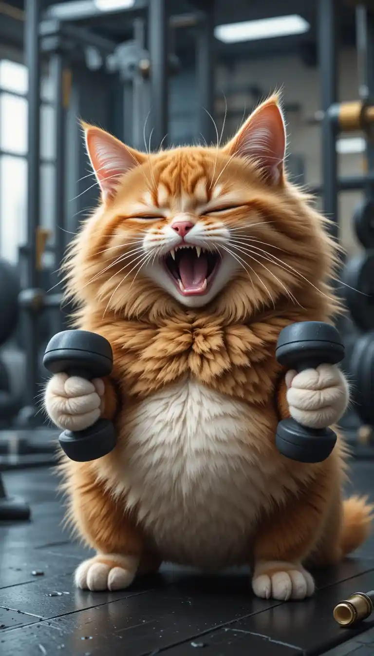 Determined ginger cat lifting tiny dumbbells in a gym