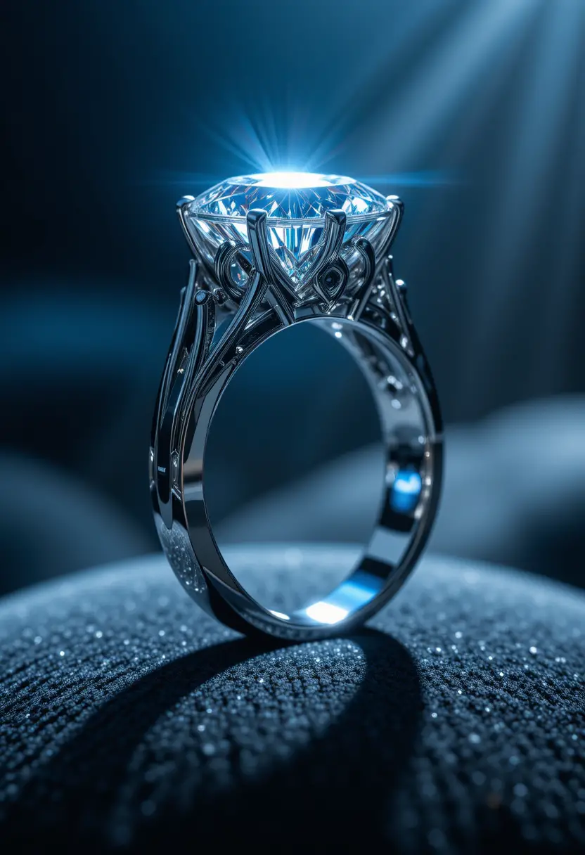Macro platinum ring with diamond on dark velvet background