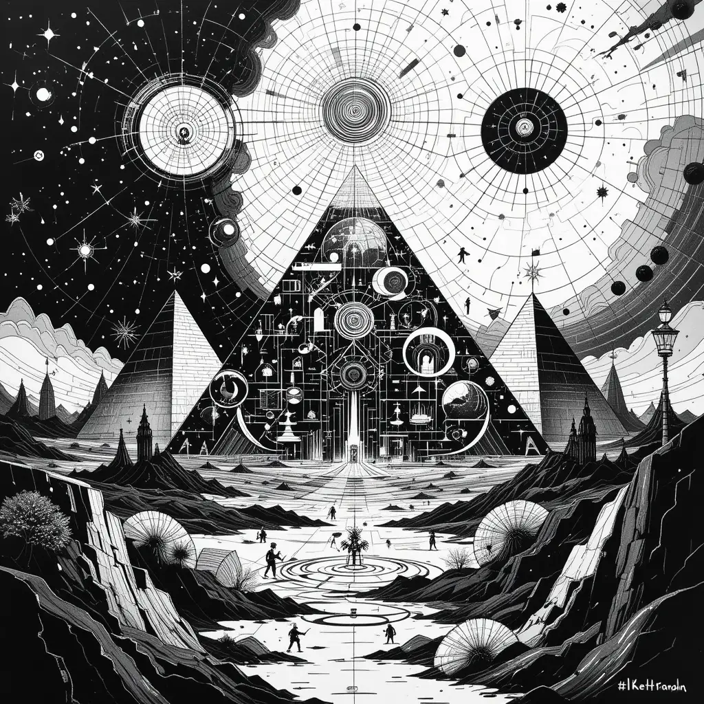 Abstract black and white painting of mystical numbers