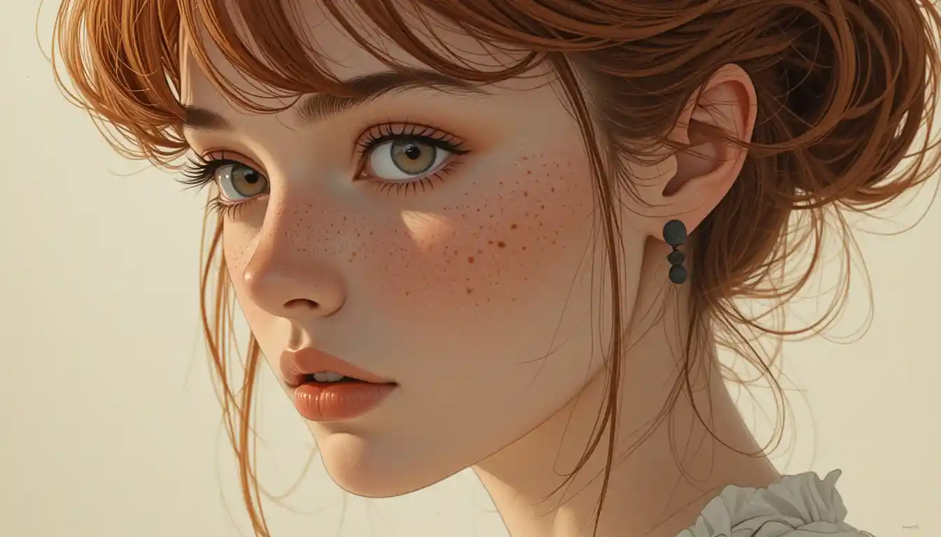Vintage anime portrait of a freckled haired woman