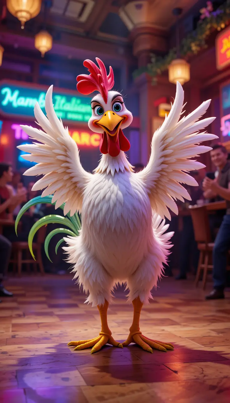 Frango de desenho animado dançando mambo em pista de dança italiana vibrante