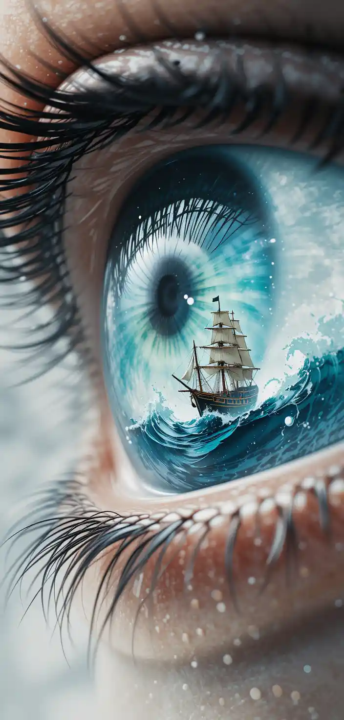 Tiny ship sailing from a surreal human eye