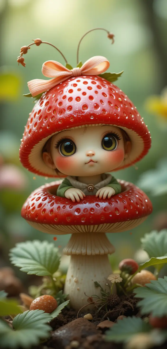 Cozy strawberry caterpillar in mushroom home digital painting