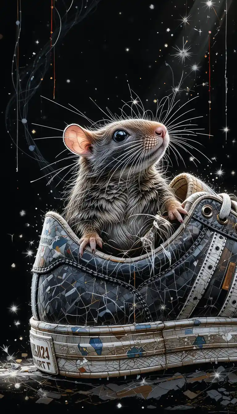 Dynamic illustration of a small rodent in worn tennis shoe