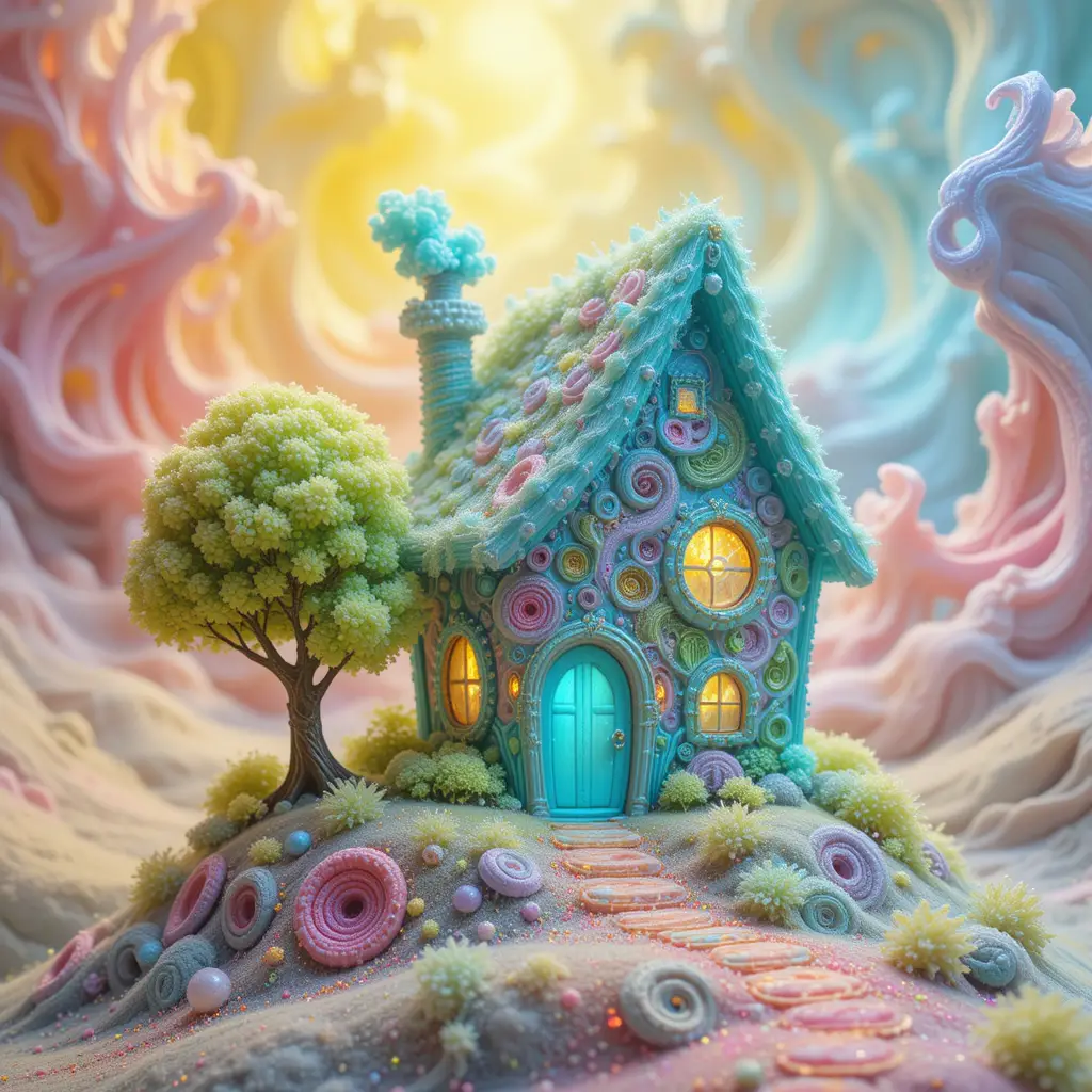 Neon fantasy beaded house with glowing abstract fractals