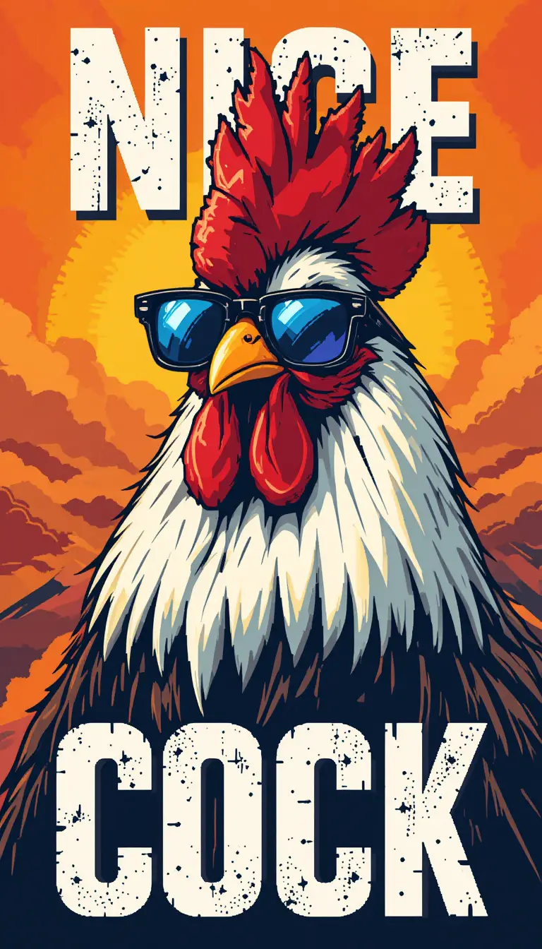Cool pixel art rooster in retro poster design