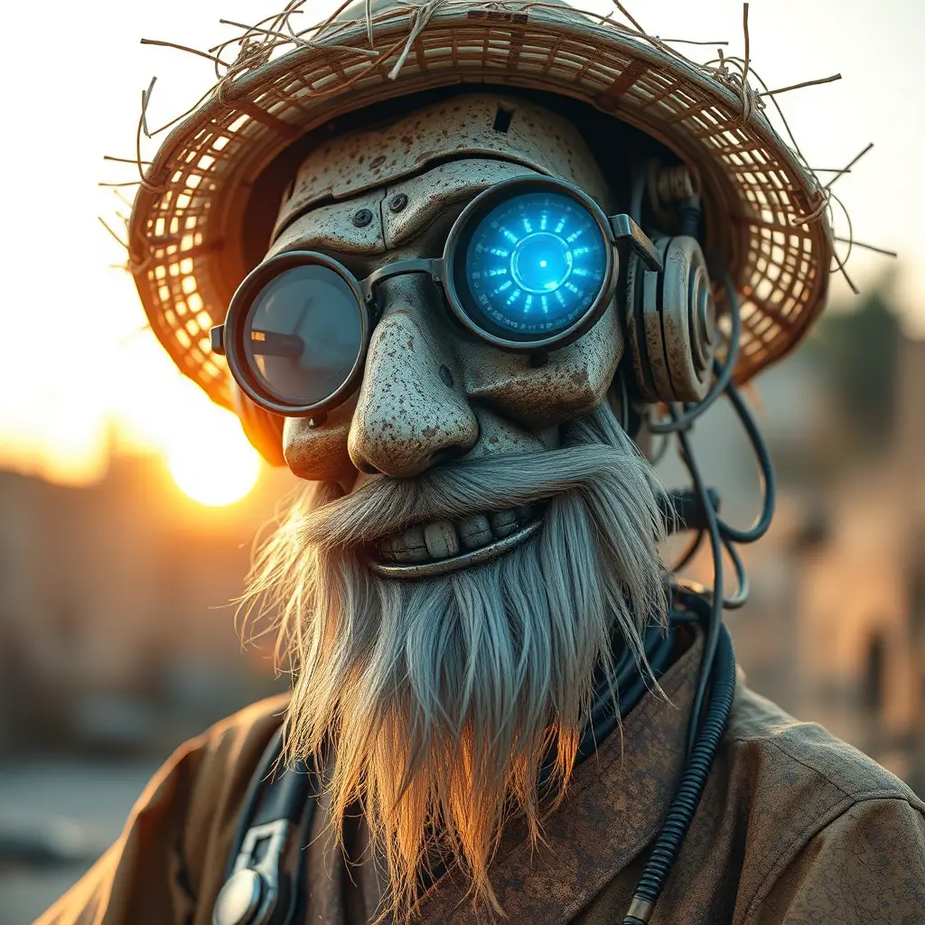 Aging vietnamese robot in kimono under sunset glare