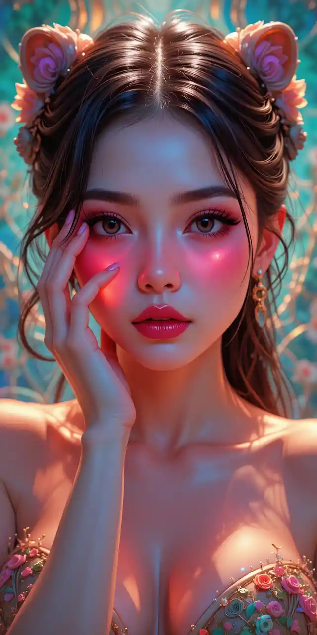 Neon anime woman close up in colorful abstract light