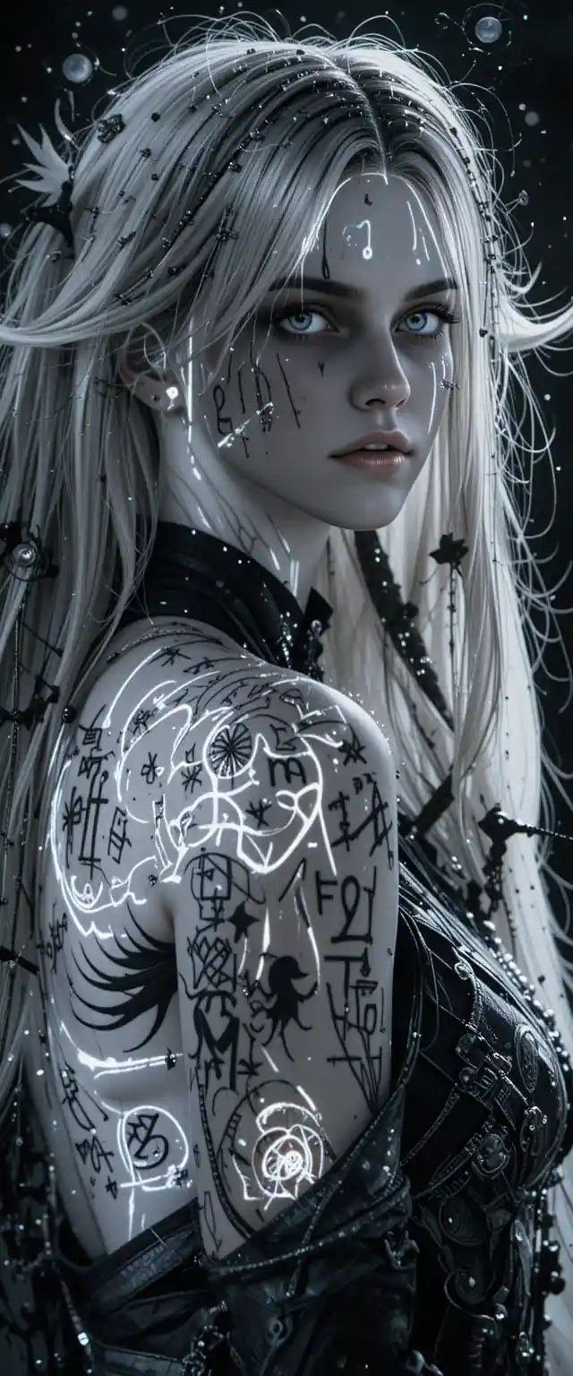 Monochrome fantasy girl with glowing runic tattoos