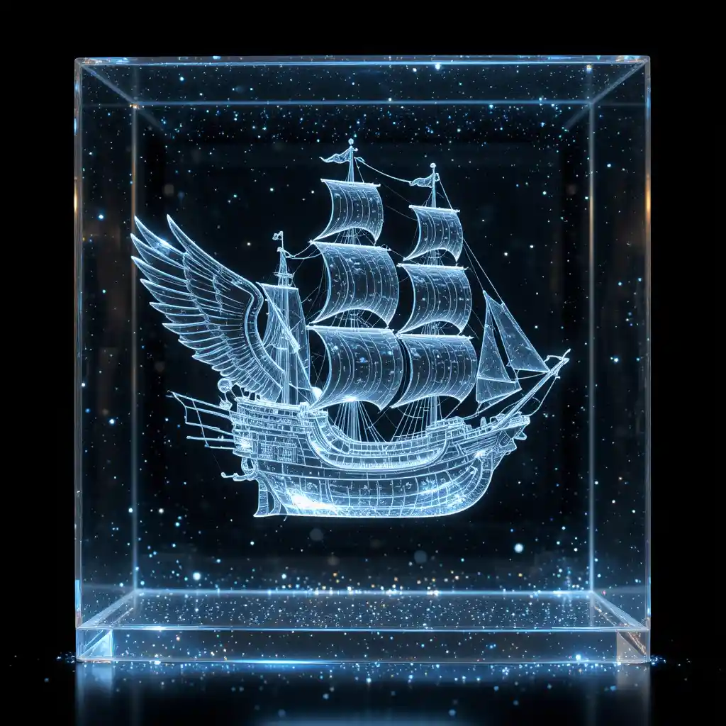 Transparent holographic flying ship with wings in stardust