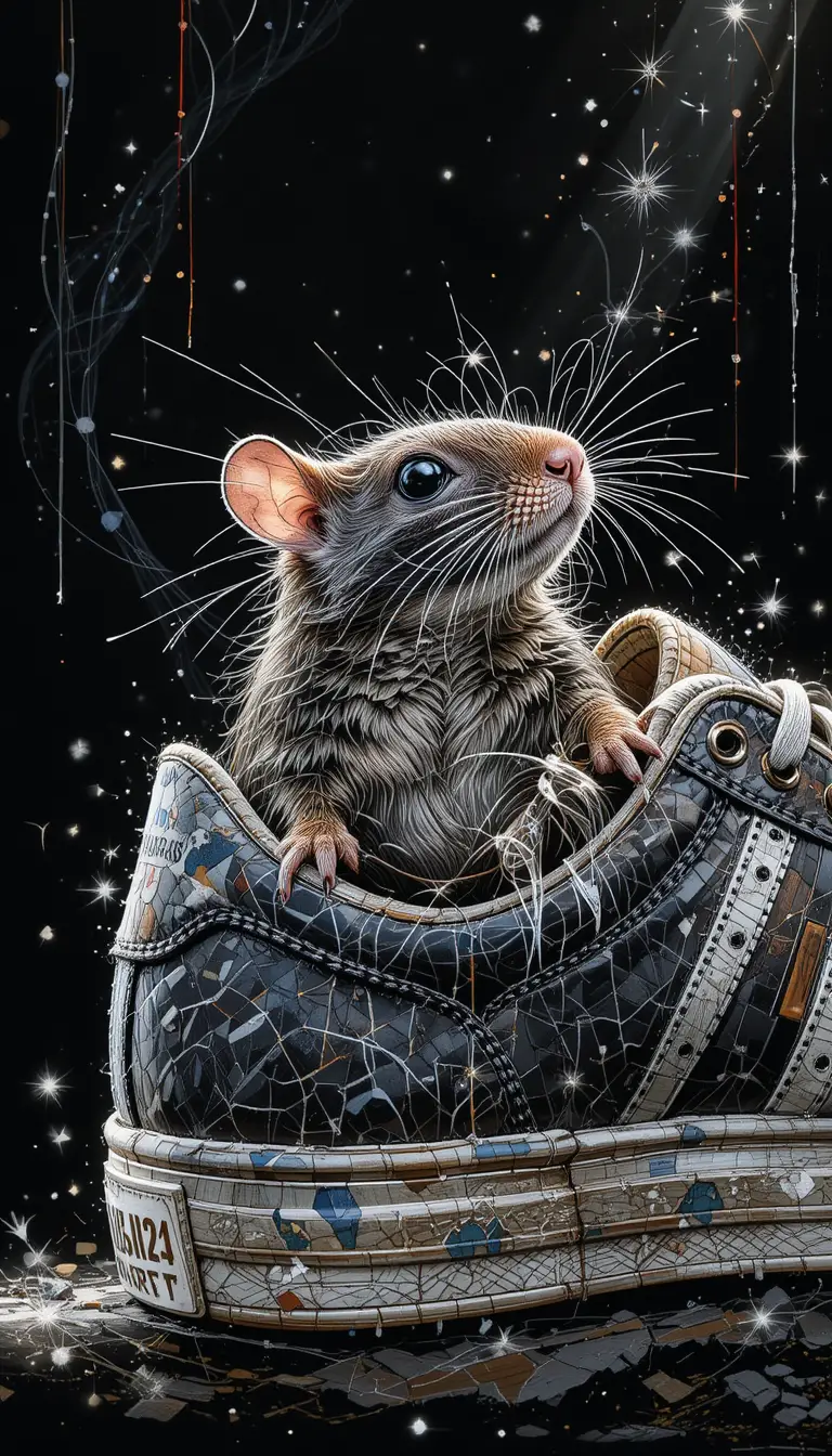 Dynamic illustration of a small rodent in worn tennis shoe