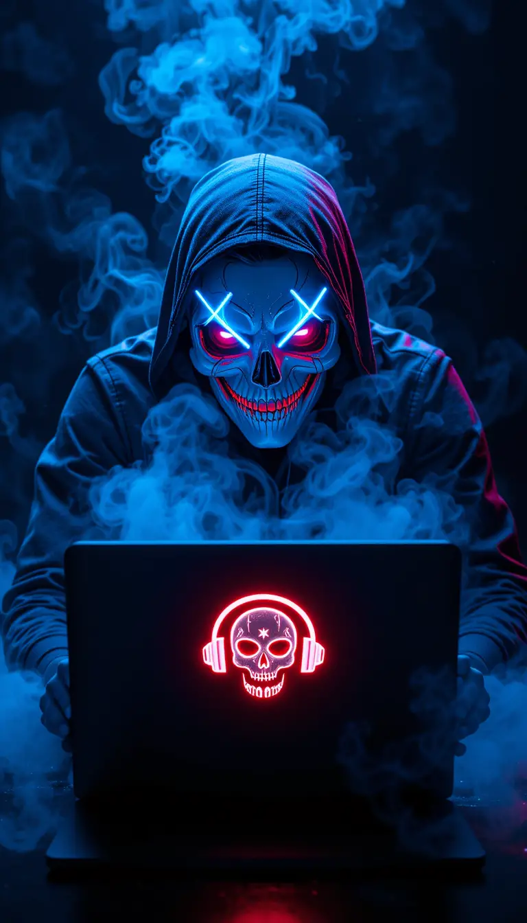 Hacker mascherato su laptop al neon nel cyberspazio oscuro