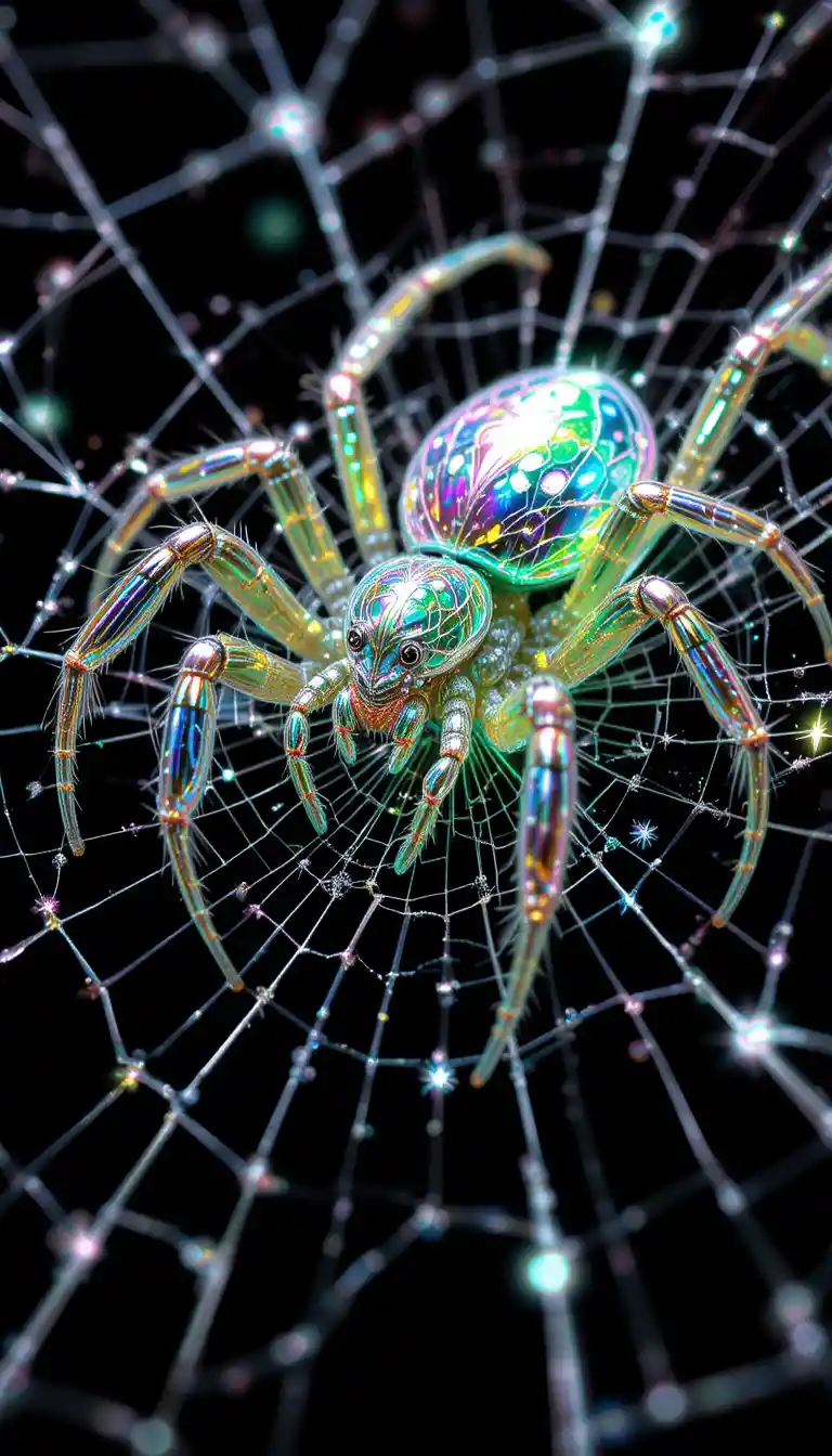 Macro neon spider illustration on abstract dark background