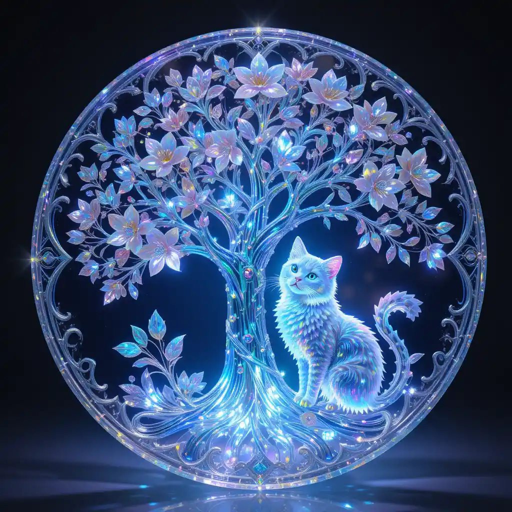 Iridescent crystal cat in ornate floral tree relief