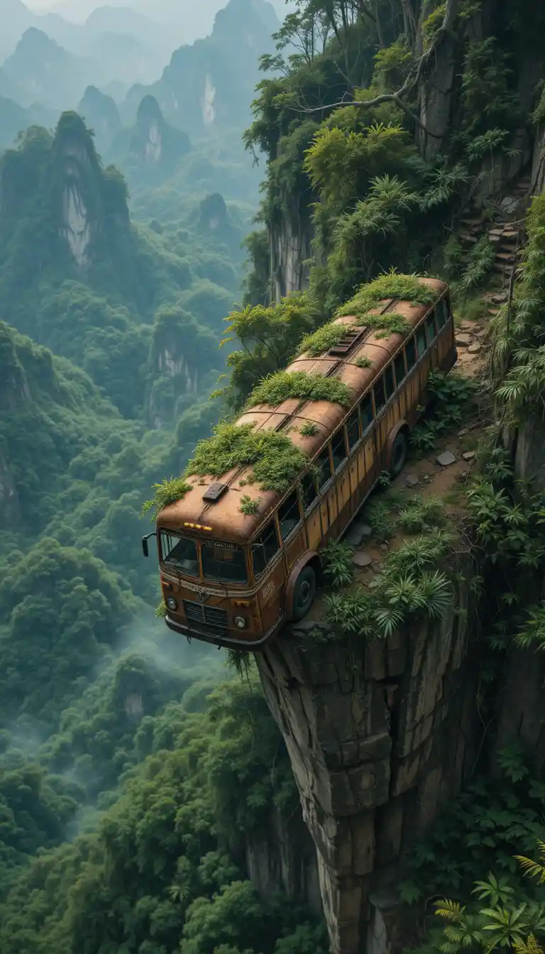 Rusty long bus on jungle mountain cliff edge