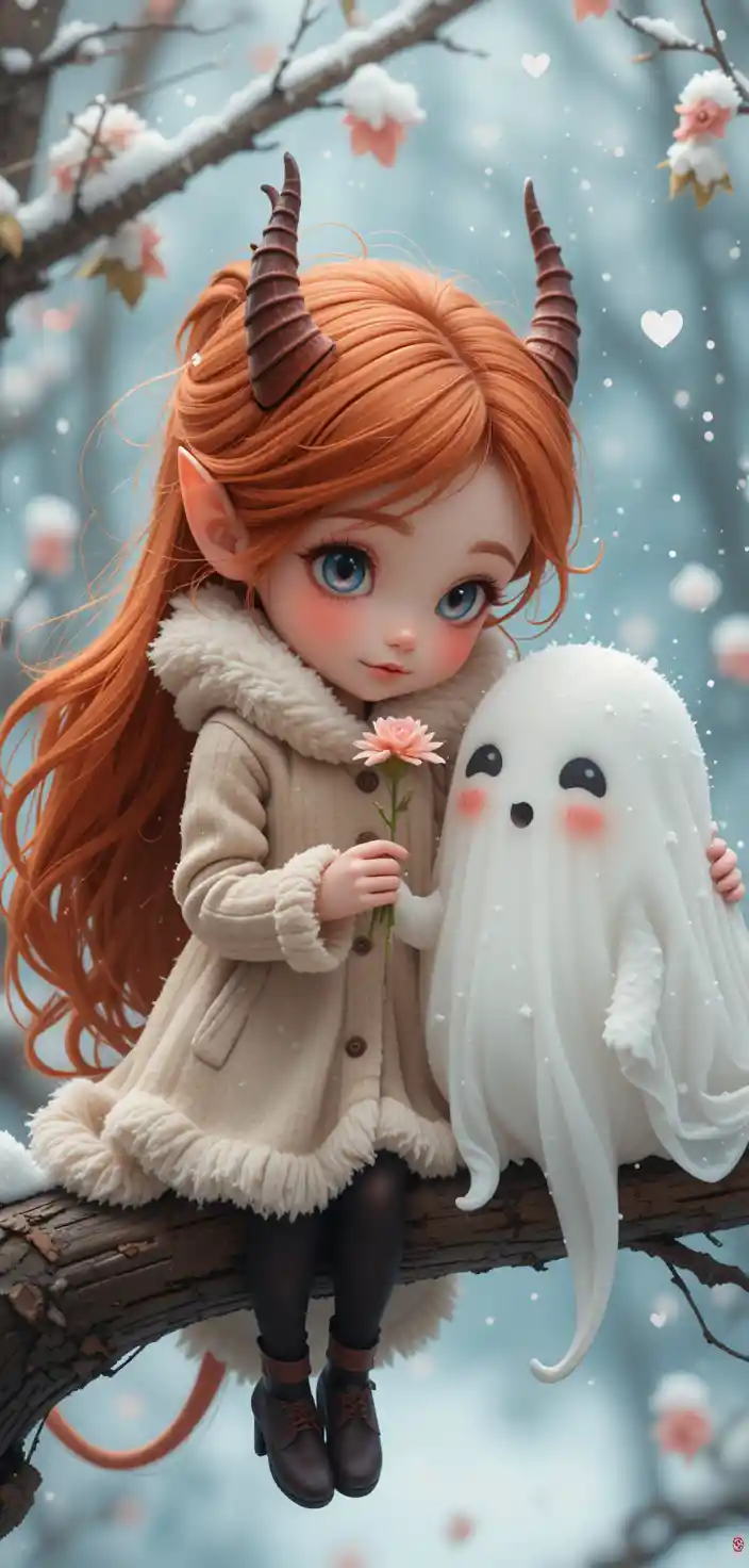 Cute red haired devil offering a flower to shy ghost
