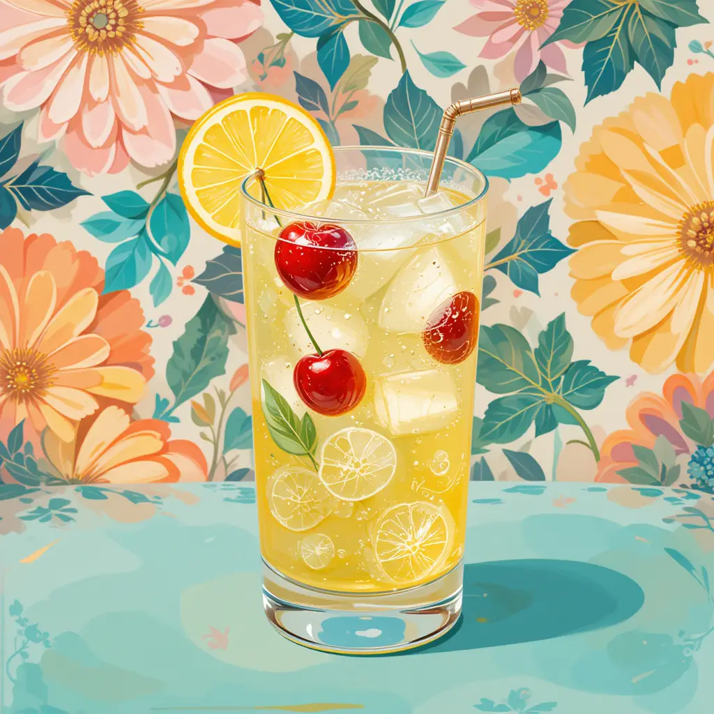 Folk art illustration of a Tom Collins cocktail