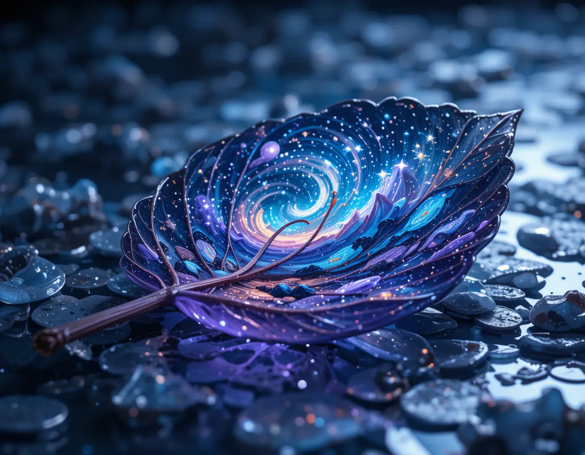 Close up glass leaf with galaxy and cloud landscape